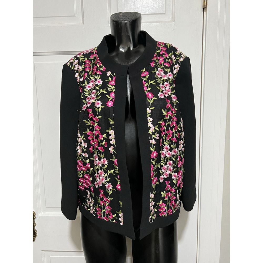 Tahari Black Jacket Pink Flower Embroidered Womens Size 14